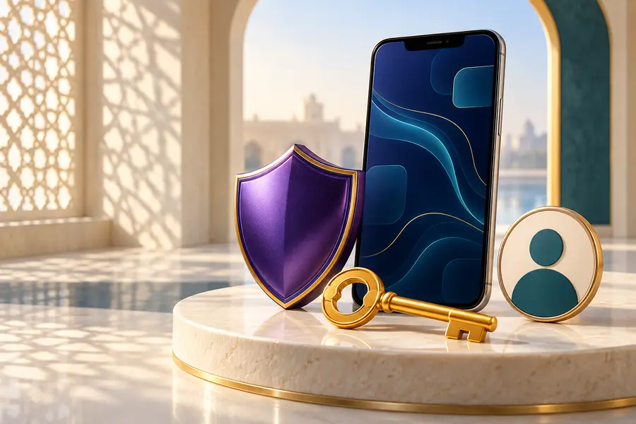 Abstract secure account access symbols with shield key and smartphone