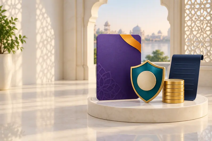 Abstract premium reward card payment shield and subtle Indian geometry without currency claims