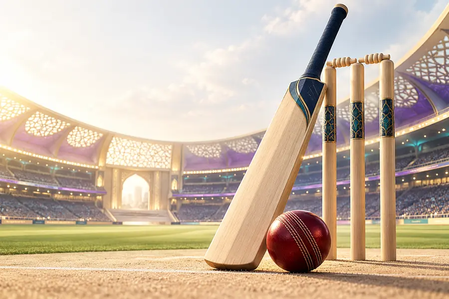 Premium generic cricket bat ball and stadium scene without team branding