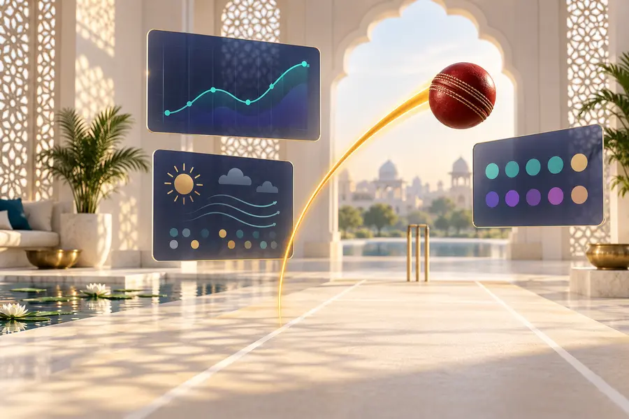 Cricket analysis reference scene with ball trajectory and neutral data cards